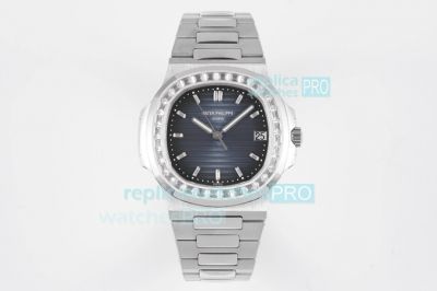 PPF V4 Swiss Replica Patek Philippe Nautilus Stainless Steel Dark Blue Dial Diamond Watch